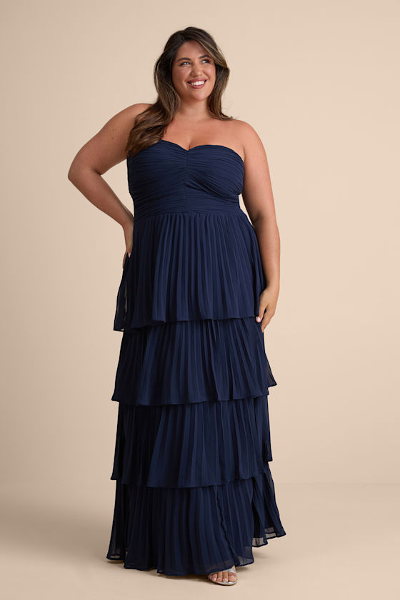Navy Blue Dress - Pleated Maxi Dress - Strapless Tiered Dress - Image 5