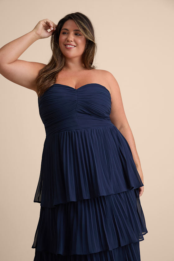 Navy Blue Dress - Pleated Maxi Dress - Strapless Tiered Dress - Image 6