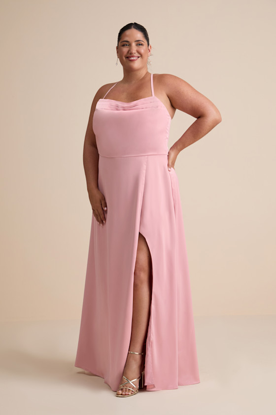 Pink Satin Dress - Lace-Up Maxi Dress - Pleated Bridesmaid Dress - Image 5