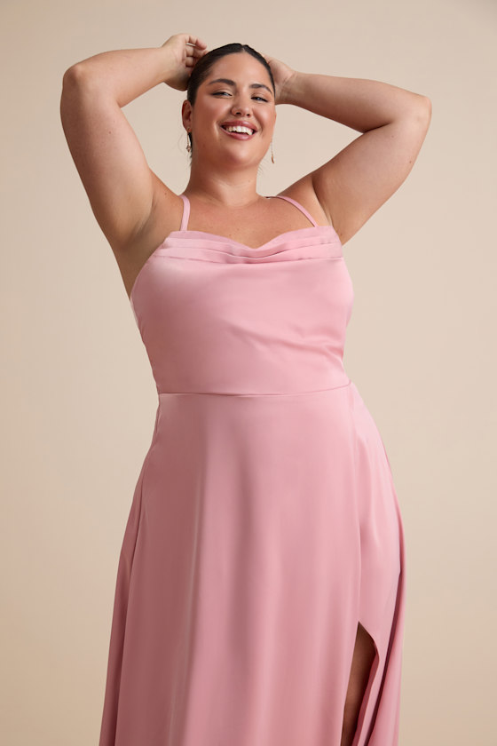 Pink Satin Dress - Lace-Up Maxi Dress - Pleated Bridesmaid Dress - Image 6