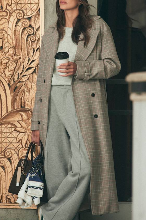 Elevated Weather Grey Plaid Belted Trench Coat Elevated Weather Grey Plaid Belted Trench Coat