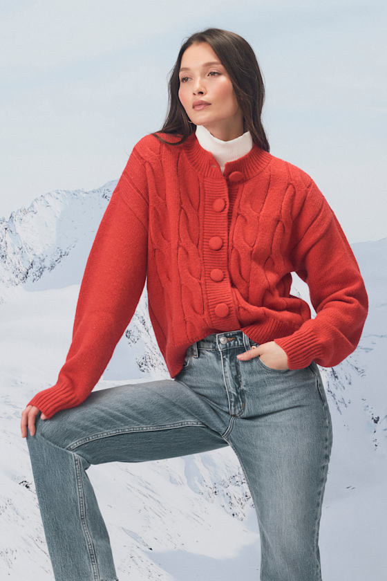 Lulus Lenorah Red Cable Knit Chunky Cardigan Sweater