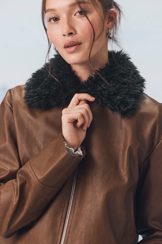 Valencia Brown Vegan Leather Faux Fur Jacket 7