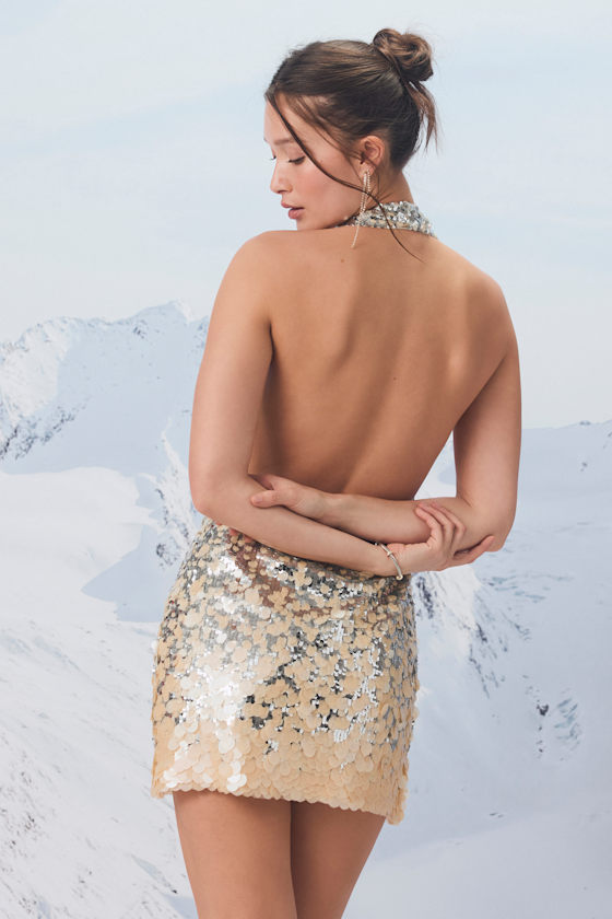 Lulus Rivera Silver And Beige Sequin Cowl Neck Mini Dress In Silver