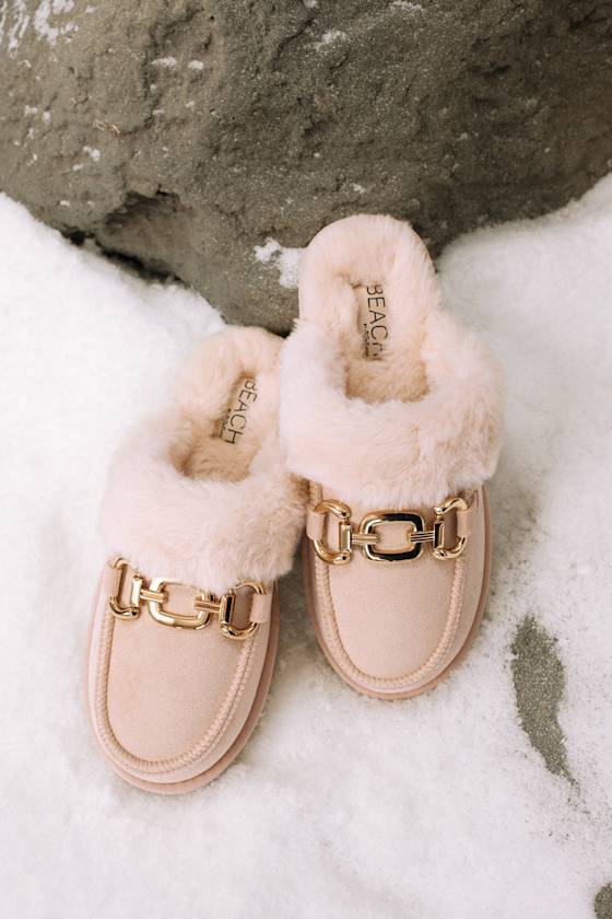 Davos Natural Suede Faux Fur Flatform Slippers 1