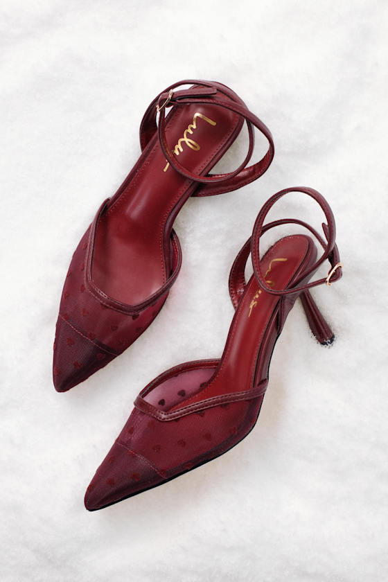 Polaris Merlot Mesh Heart Ankle Strap Pumps 1