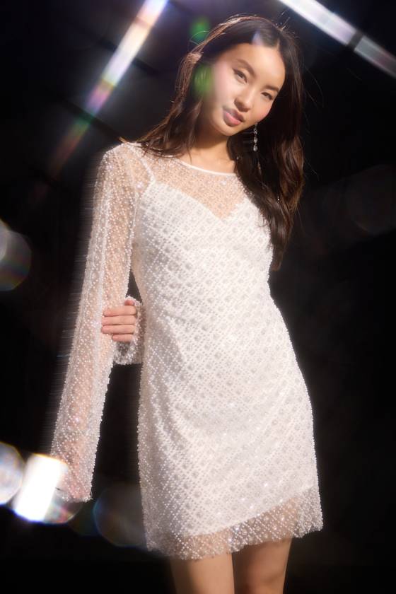Image of Glowing Charisma White Sequin Pearl Mesh Long Sleeve Mini Dress