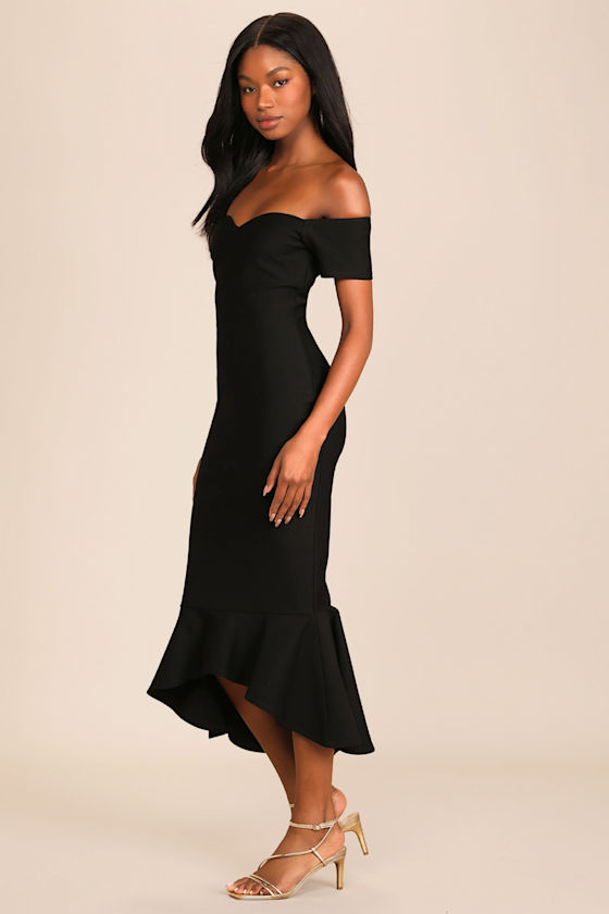 How Much I Care Black Off-the-Shoulder Midi Dress - thumbnail 2