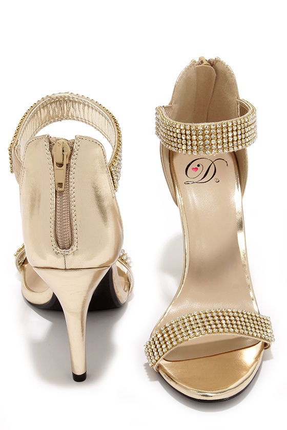 gold strappy heels with rhinestones
