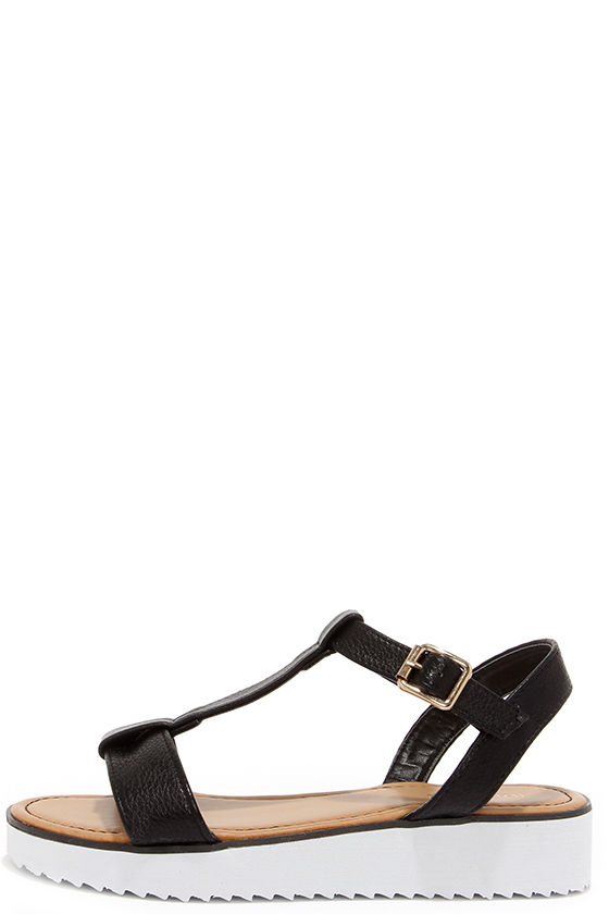 flat black t strap sandals