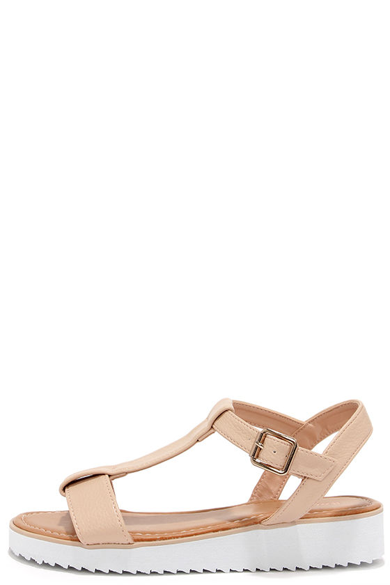 nude t strap flat sandals