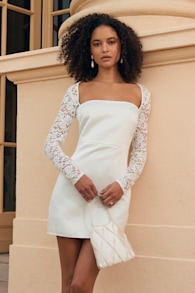 Prettiest Behavior White Satin Lace Long Sleeve Mini Dress 6