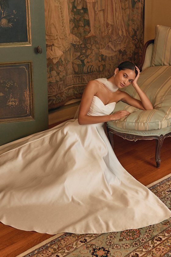 Khalida White Satin Pleated Strapless Gown 6