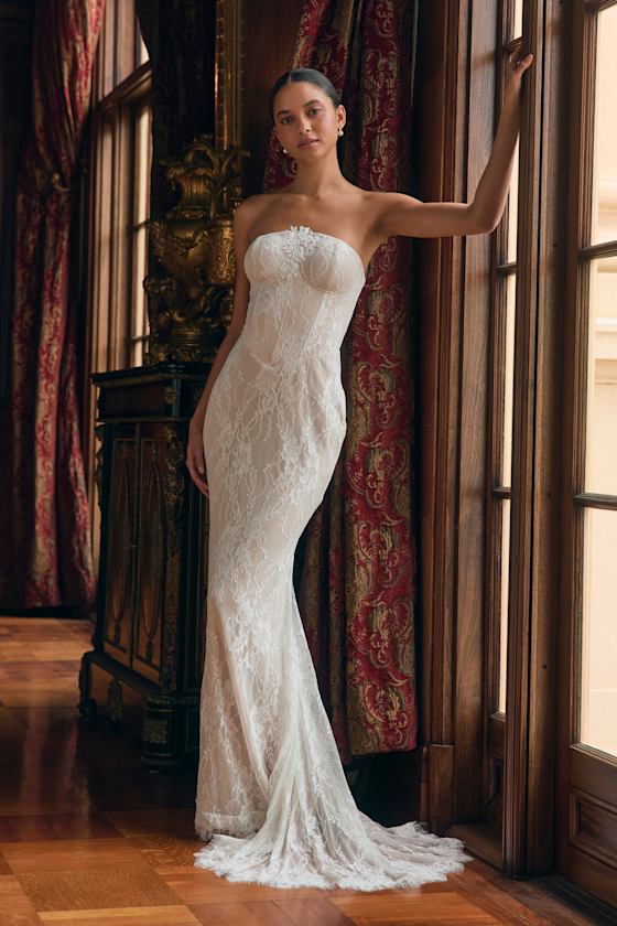 Valeria White Lace Strapless Bustier Maxi Dress 1