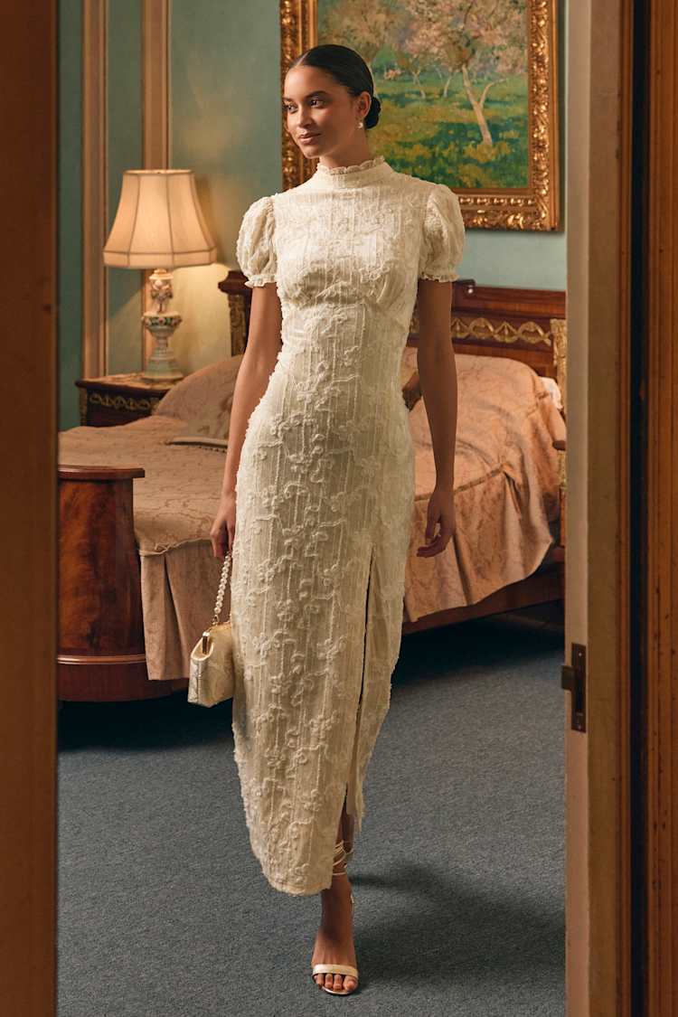 Cadison Cream Textured Puff Sleeve Column Maxi Dress