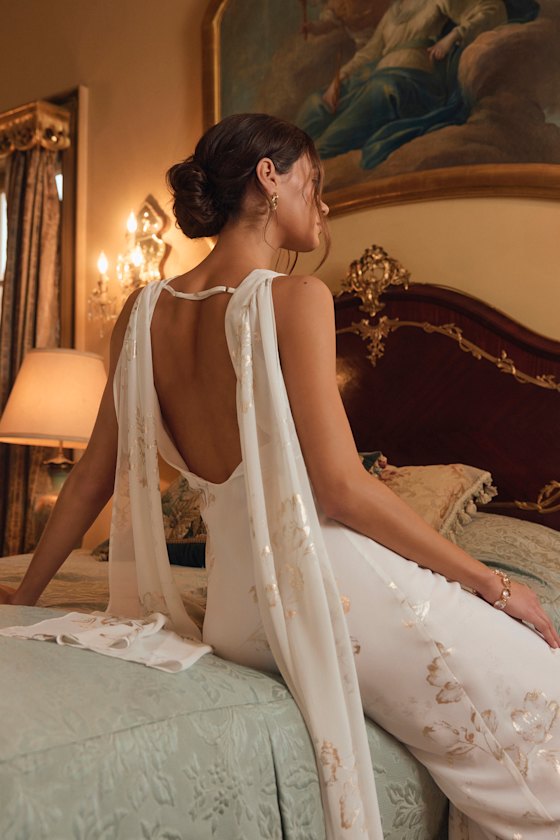 Sidonia White and Gold Floral Cowl Sash Maxi Dress 7