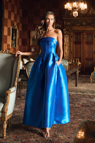 Novalie Blue Taffeta Pleated Strapless A-Line Maxi Dress 1