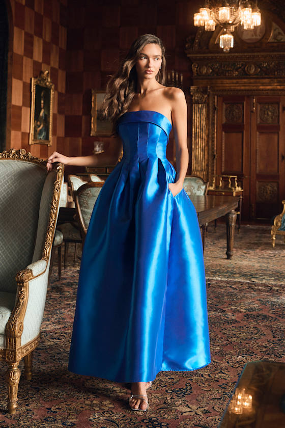 Novalie Blue Taffeta Pleated Strapless A-Line Maxi Dress 1