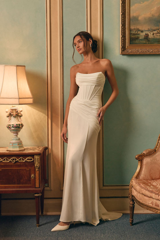 Image of Claudette White Satin Strapless Bustier Maxi Dress