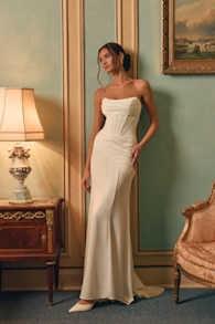 Claudette White Satin Strapless Bustier Maxi Dress 7