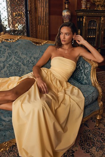 Marilou Light Yellow Strapless Ruched Lace-Up Maxi Dress 1