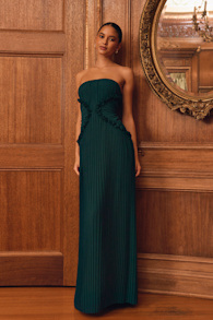 Lauren Emerald Pleated Strapless Ruffled Maxi Dress 1