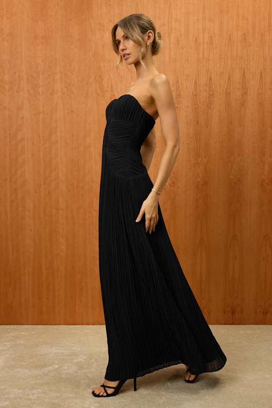 Narasha Black Pleated Strapless Maxi Dress 1