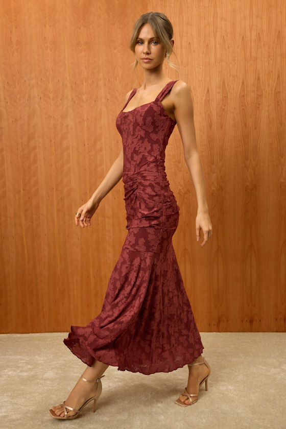 Celeste Rust Red Floral Burnout Bustier Maxi Dress 2