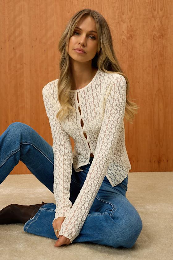 Collie Ivory Sheer Lace Button-Front Cardigan 1