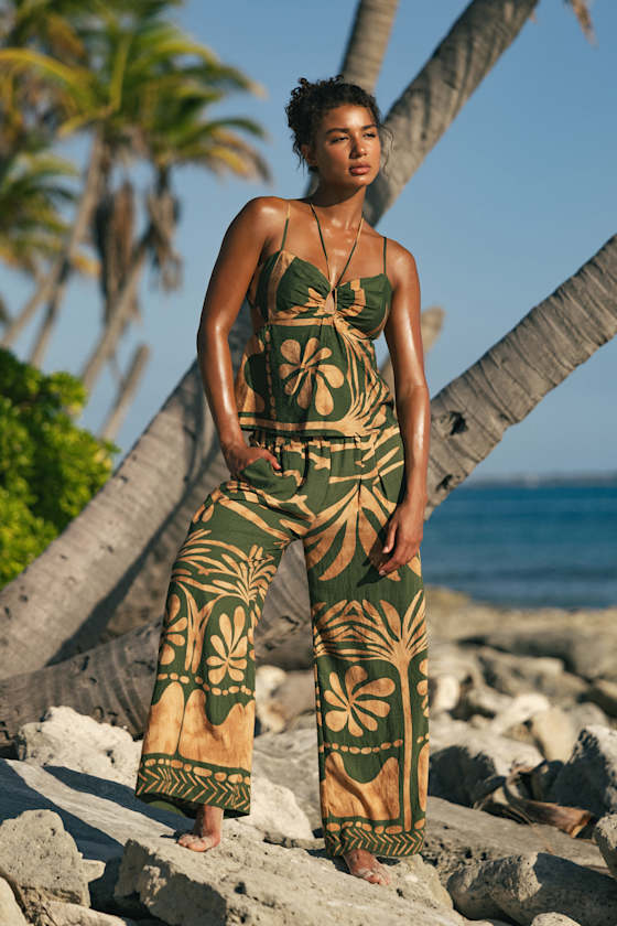 Sabo Olive and Tan Boho Print Wide-Leg Pants 1