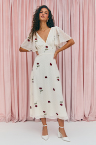 Jolina White Embroidered Swiss Dot Flutter Sleeve Midi Dress 1
