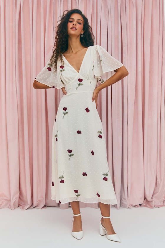 Jolina White Embroidered Swiss Dot Flutter Sleeve Midi Dress 1