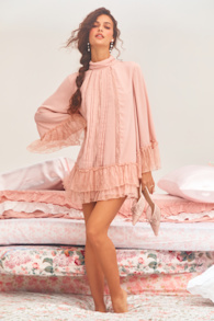 Sidonie Blush Pink Lace Bell Sleeve Mini Dress 1