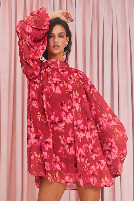 Image of Lata Red Floral Mock Neck Belted Mini Dress