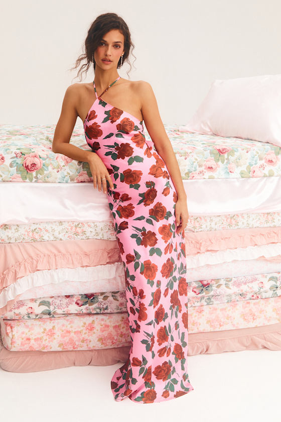 Image of Malito Pink Rose Print Satin Lace-Up Maxi Dress