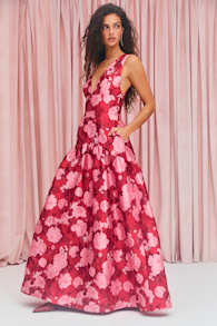 Valna Red Floral Jacquard Drop Waist Maxi Dress 1