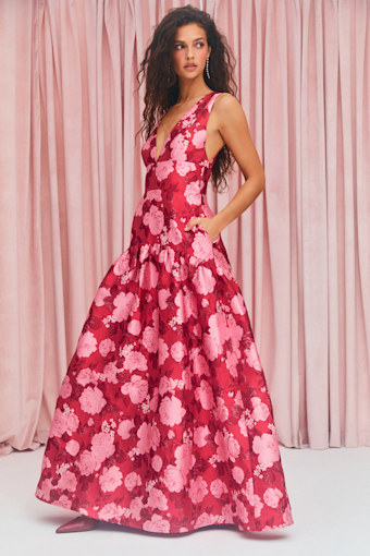 Valna Red Floral Jacquard Drop Waist Maxi Dress 1