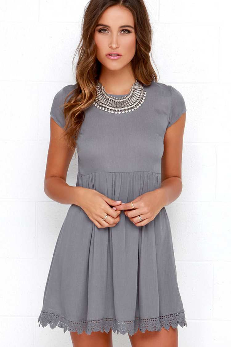 Grey Short Sleeve Dress - Grey Crochet Dress - Babydoll Dress - $48.00 -  Lulus
