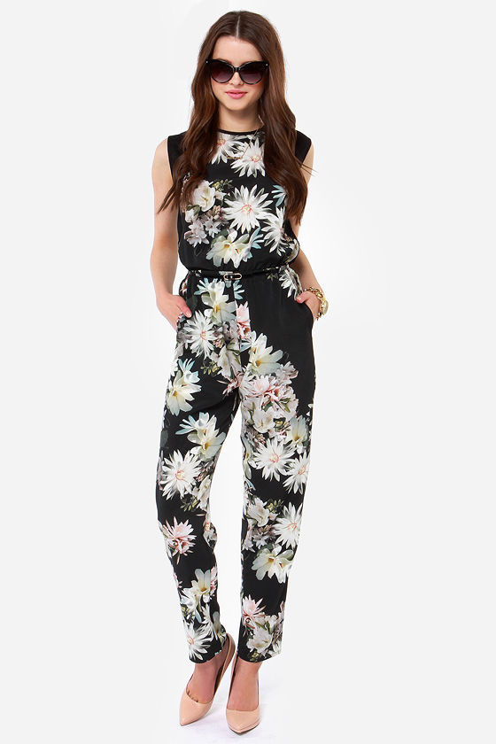 Cute Floral Print Jumpsuit - Black Jumpsuit - Sleeveless Jumpsuit - $93 ...