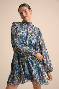 Andie Blue Multi Abstract Floral Mock Neck Mini Dress 6