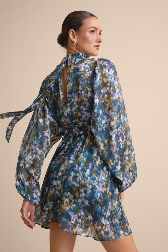 Blue Multi Floral Dress - Mock Neck Dress - Smocked Mini Dress - Image 2