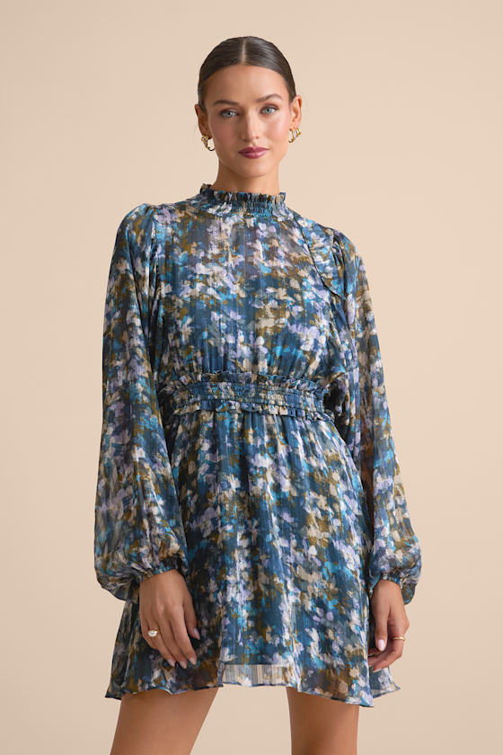 Blue Multi Floral Dress - Mock Neck Dress - Smocked Mini Dress - Image 3