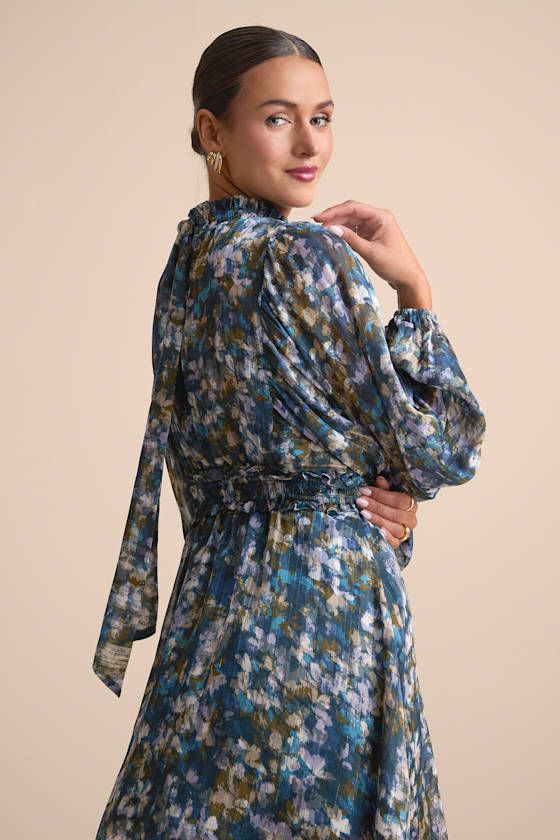 Blue Multi Floral Dress - Mock Neck Dress - Smocked Mini Dress - Image 4