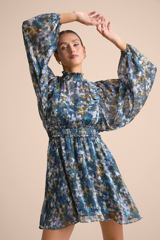Blue Multi Floral Dress - Mock Neck Dress - Smocked Mini Dress - Image 5