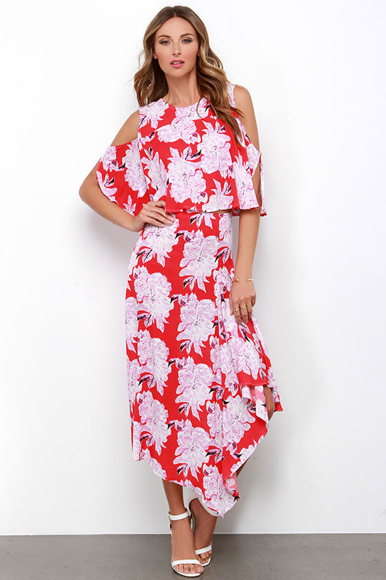 Lovely Coral Red Dress - Floral Print Dress - Two-Piece Dress - $68.00