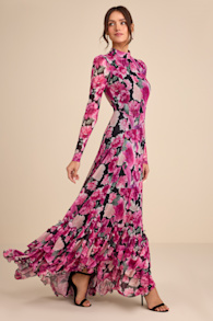Emilina Black and Magenta Floral Mock Neck Maxi Dress 6