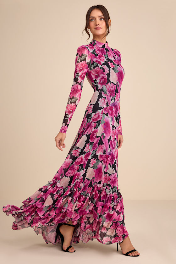 Emilina Black and Magenta Floral Mock Neck Maxi Dress 6