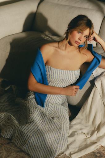 Kaletta Blue and Ivory Striped Eyelet Embroidered Midi Dress 1