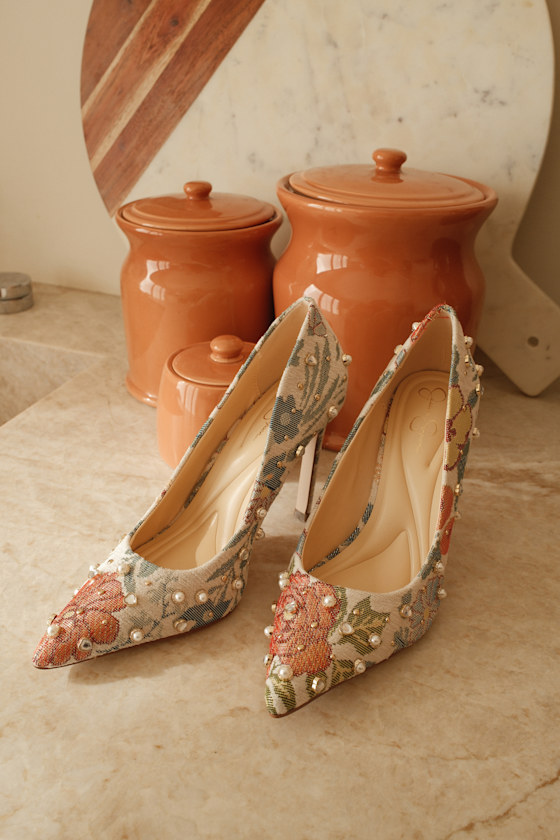 Wellica Cream Floral Jacquard Pearl Pointed-Toe Pumps 1