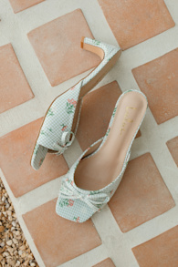 Gilzean Green Gingham Bow High Heel Slide Sandals 1